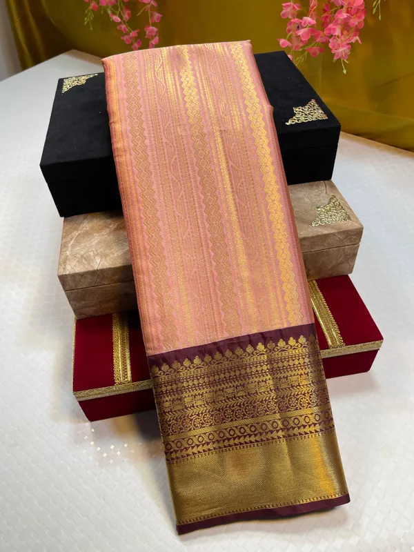 Peach_Semi_Kanchi_Silk_Stripe_Zari_Contrast_Brown_Border_Banarasi_Saree_MS_SK51