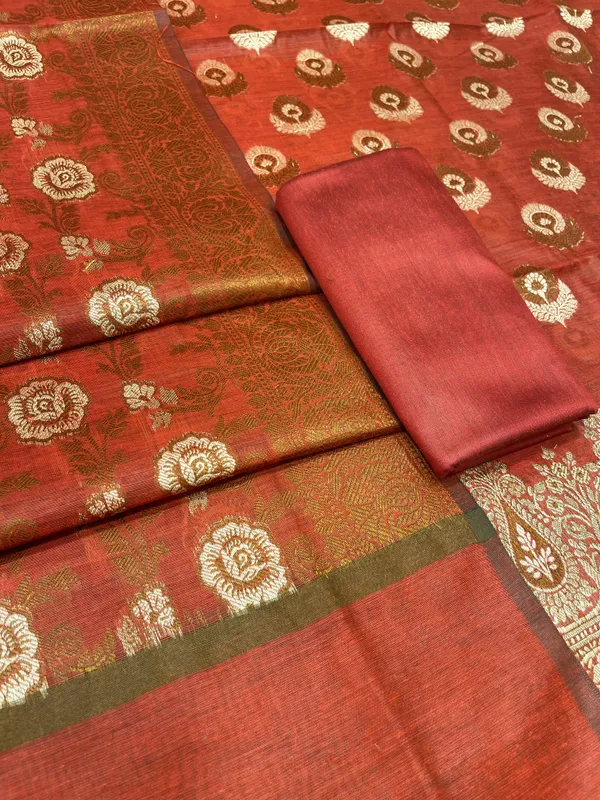 Humairah_Red_Cotton_Floral_Zari_Resham_Mina_Boota_3_pcs_Suit_set_with_Plain_Bottom_and_Floral_Zari_Mina_Jaal_Red_Dupatta