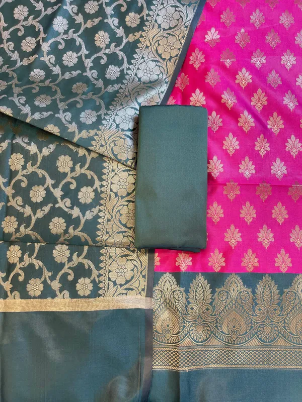 Magenta_Art_Silk_Floral_Zari_Chunri_Booti_Contrast_Banarasi_Suit_with_Darkgreen_Dupatta_625AJ_TPT35
