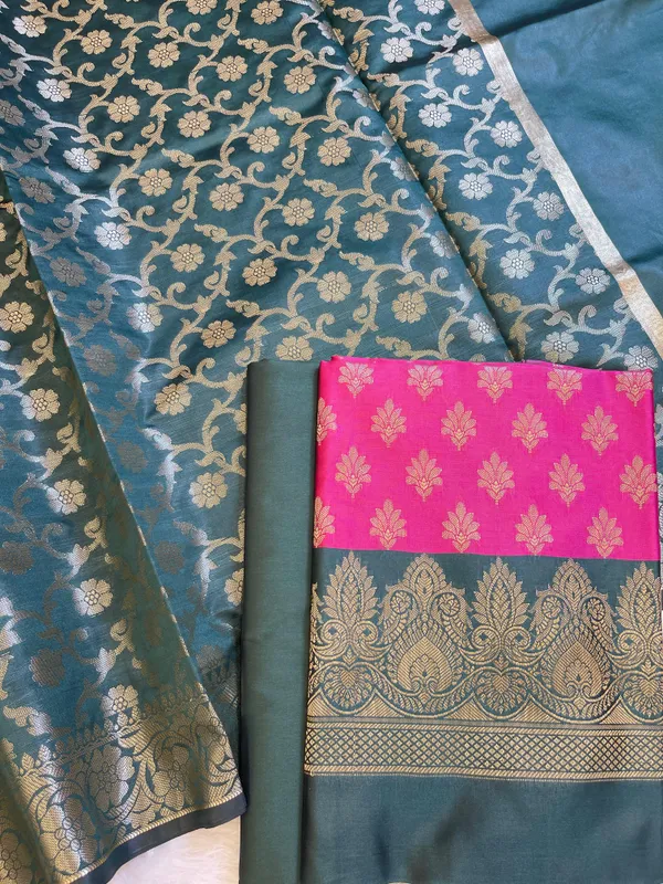 Magenta_Art_Silk_Floral_Zari_Chunri_Booti_Contrast_Banarasi_Suit_with_Darkgreen_Dupatta_625AJ_TPT35