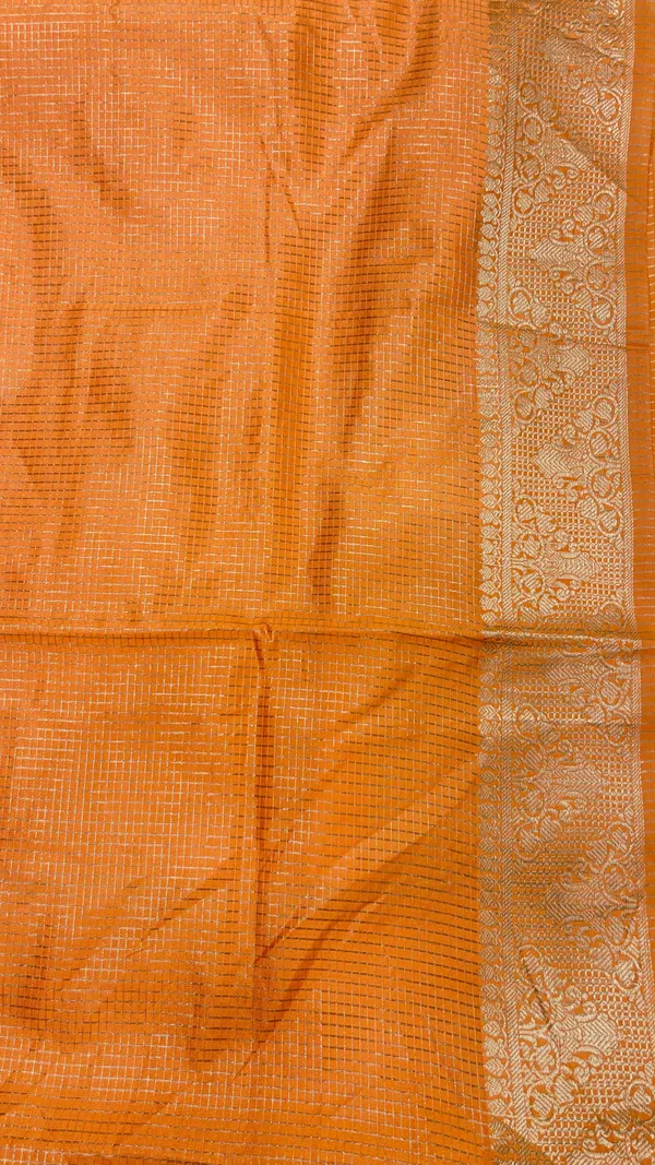 Humairah_Presents_Orange_Organza_Zari_Plain_Striped_with_Beige_Zari_Border_with_Contrast_Beige_Pallu_and_Orange_Blouse