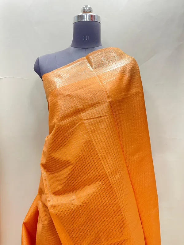 Humairah_Presents_Orange_Organza_Zari_Plain_Striped_with_Beige_Zari_Border_with_Contrast_Beige_Pallu_and_Orange_Blouse