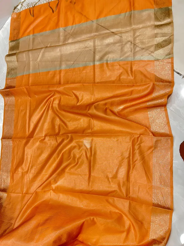 Humairah_Presents_Orange_Organza_Zari_Plain_Striped_with_Beige_Zari_Border_with_Contrast_Beige_Pallu_and_Orange_Blouse