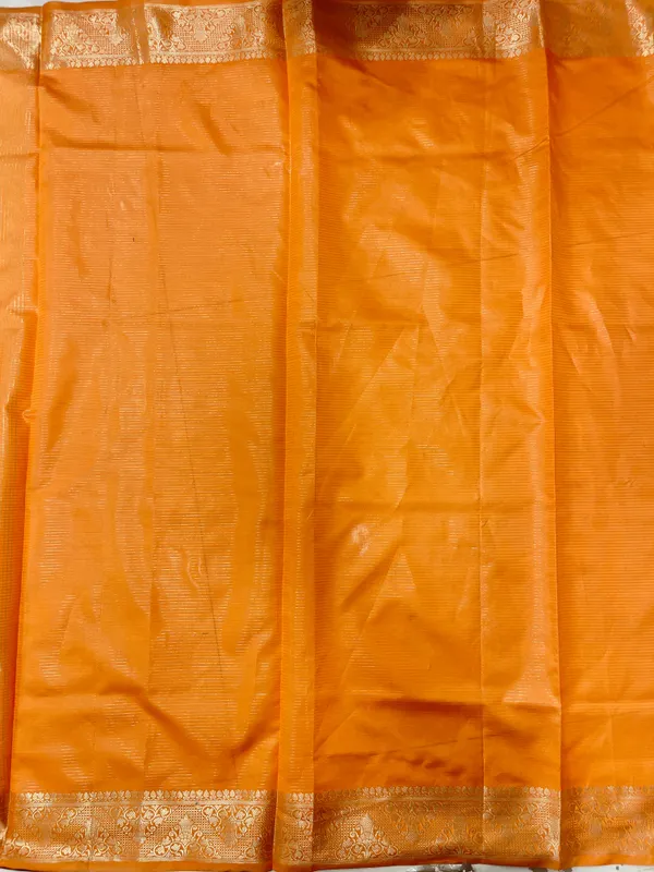 Humairah_Presents_Orange_Organza_Zari_Plain_Striped_with_Beige_Zari_Border_with_Contrast_Beige_Pallu_and_Orange_Blouse