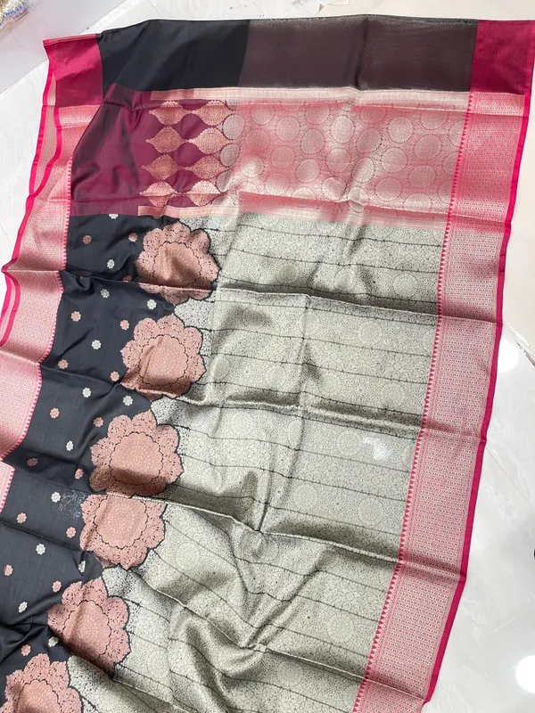 Humairah_Presents_Black_Art_Silk_Floral_Copper_Zari_Boota_with_Contrast_Maroon_Pallu_Banarasi_Zari_Border_with_Maroon_Multi_Stripe_Blouse