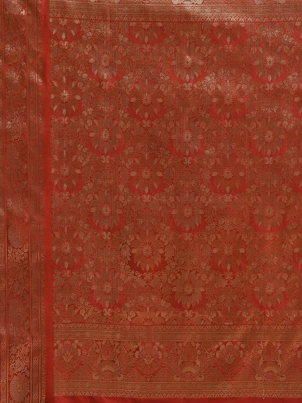 Humairah_Handwoven_Olive_Green_Valkalam_Katan_Silk_Booti_Zari_Border_With_Rust_Brown_Blouse_Banarasi_Saree