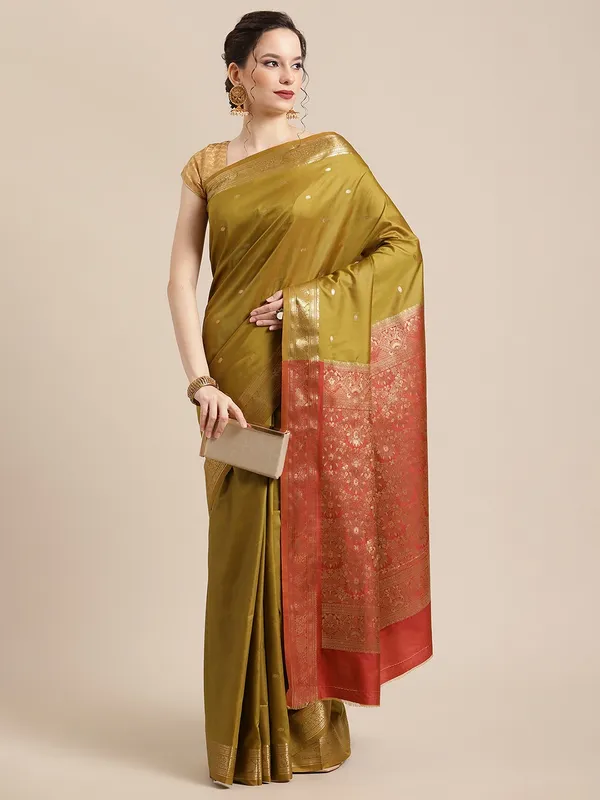 Humairah_Handwoven_Olive_Green_Valkalam_Katan_Silk_Booti_Zari_Border_With_Rust_Brown_Blouse_Banarasi_Saree