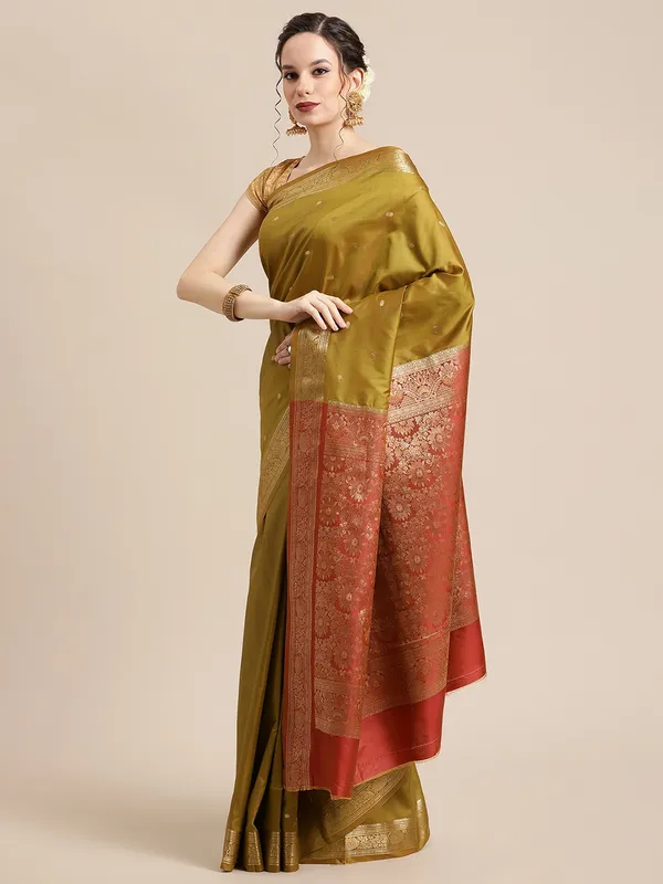 Humairah_Handwoven_Olive_Green_Valkalam_Katan_Silk_Booti_Zari_Border_With_Rust_Brown_Blouse_Banarasi_Saree