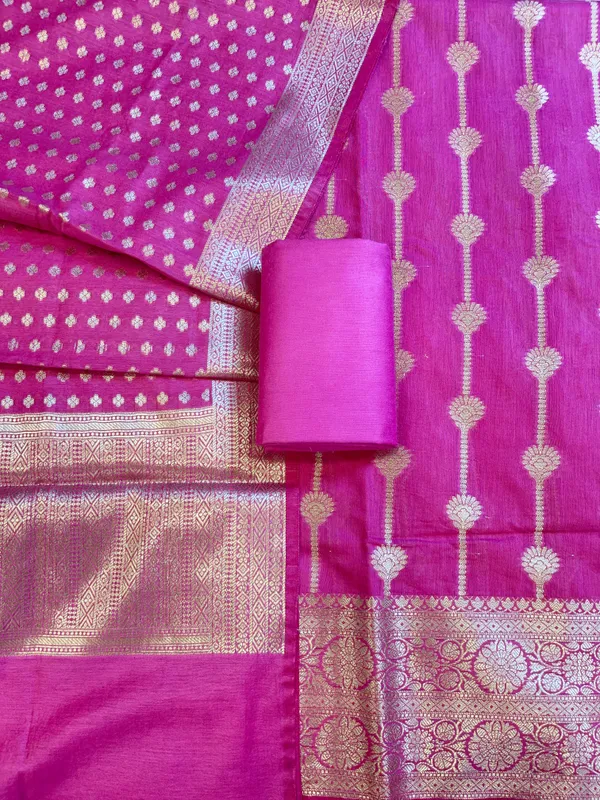 Magenta_Mercerise_Cotton_Floral_Stripe_Zari_with_Chunri_Booti_Dupatta_Banarasi_Suit_Set