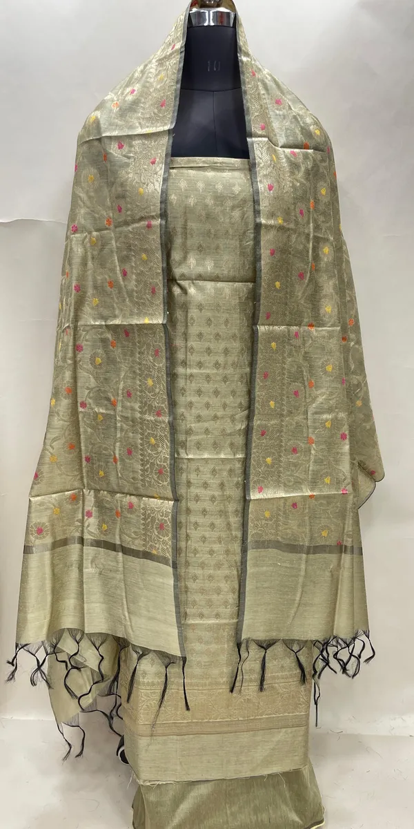 Humairah_Tussar_Cotton_Floral_Zari_Chunri_Booti_3_pcs_Suit_set_with_Plain_Bottom_and_Floral_Zari_Minakari_Jaal_Tussar_Dupatta