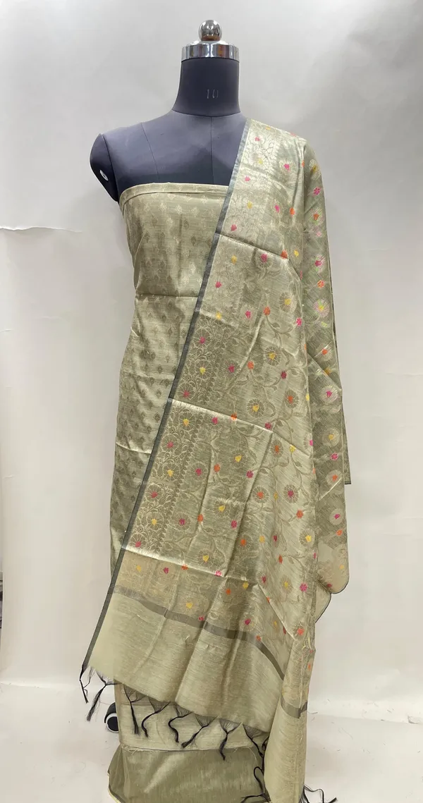 Humairah_Tussar_Cotton_Floral_Zari_Chunri_Booti_3_pcs_Suit_set_with_Plain_Bottom_and_Floral_Zari_Minakari_Jaal_Tussar_Dupatta