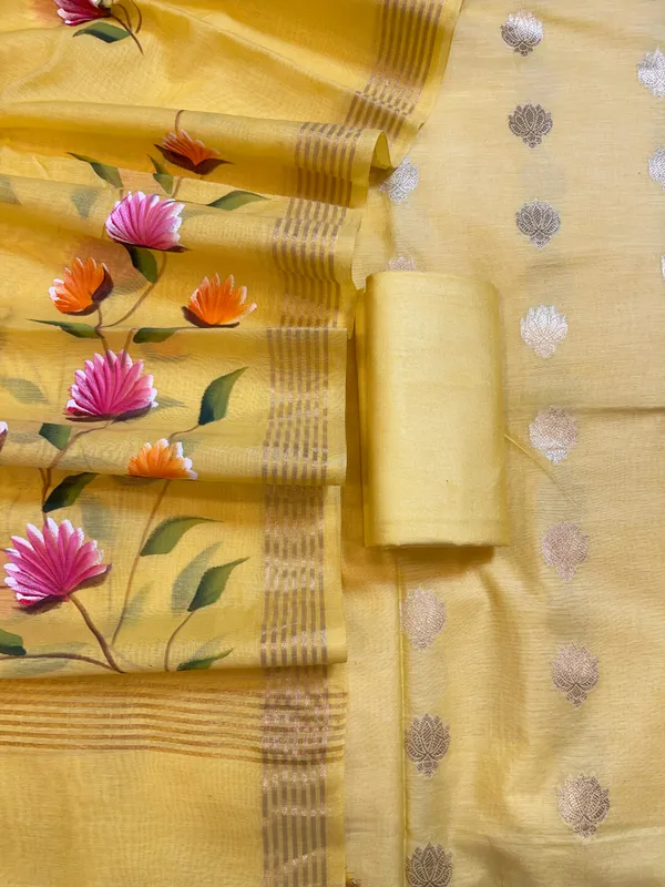 Yellow_Pure_Mercerize_Silk_Zari_Booti_3_pcs_Suit_set_with_Handpainted_Dupatta_1000SKL_PM3