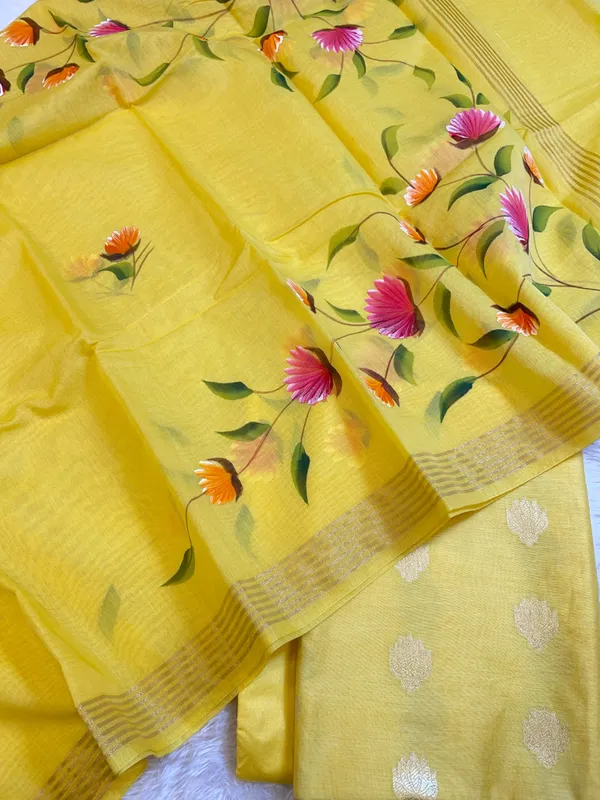 Yellow_Pure_Mercerize_Silk_Zari_Booti_3_pcs_Suit_set_with_Handpainted_Dupatta_1000SKL_PM3