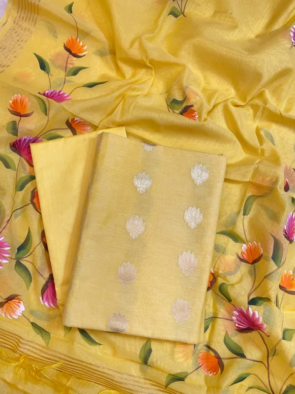 Yellow_Pure_Mercerize_Silk_Zari_Booti_3_pcs_Suit_set_with_Handpainted_Dupatta_1000SKL_PM3