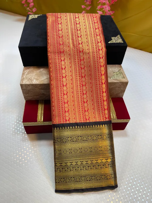 Red_Semi_Kanchi_Silk_Stripe_Zari_Contrast_Black_Border_Banarasi_Saree_MS_SK44