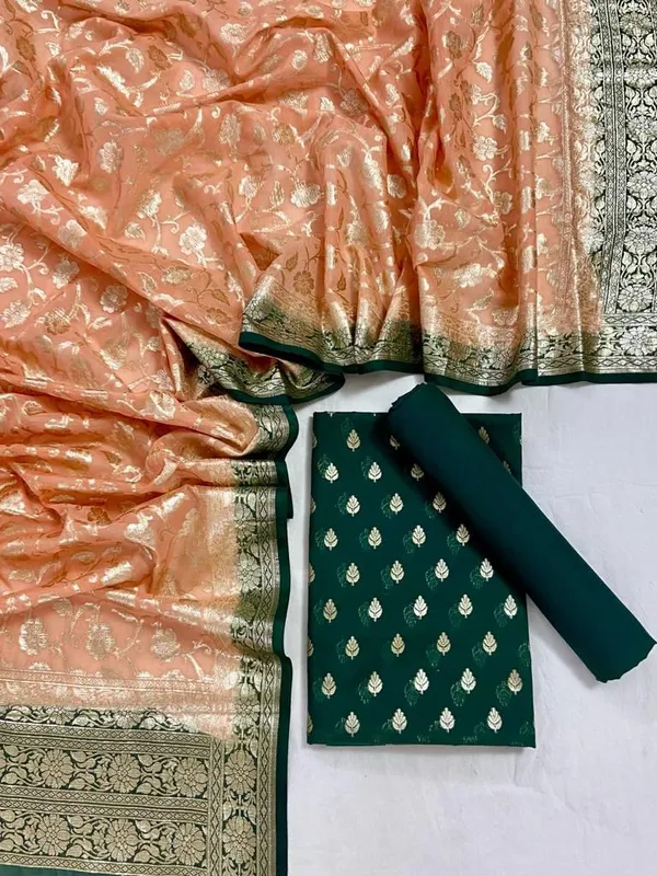 Dark_Green_Mercerised_Lorex_Weave_With_Contrast_Dupatta_Banarasi_3_Pcs_Suit_Set_Skl_Pm17