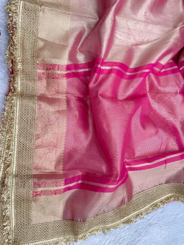 Peach_Tissue_Silk_Plain_Contrast_Pink_Pallu_Banarasi_Saree_with_Lace_work_Border_BFS_TL8_BFS_TL9