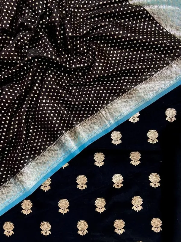 Pure_Mercerized_Lorex_Weave_Zari_Booti_With_Contrast_Blue_Border_Chunri_Dupatta_Banarasi_Suit_Skl_Pm16