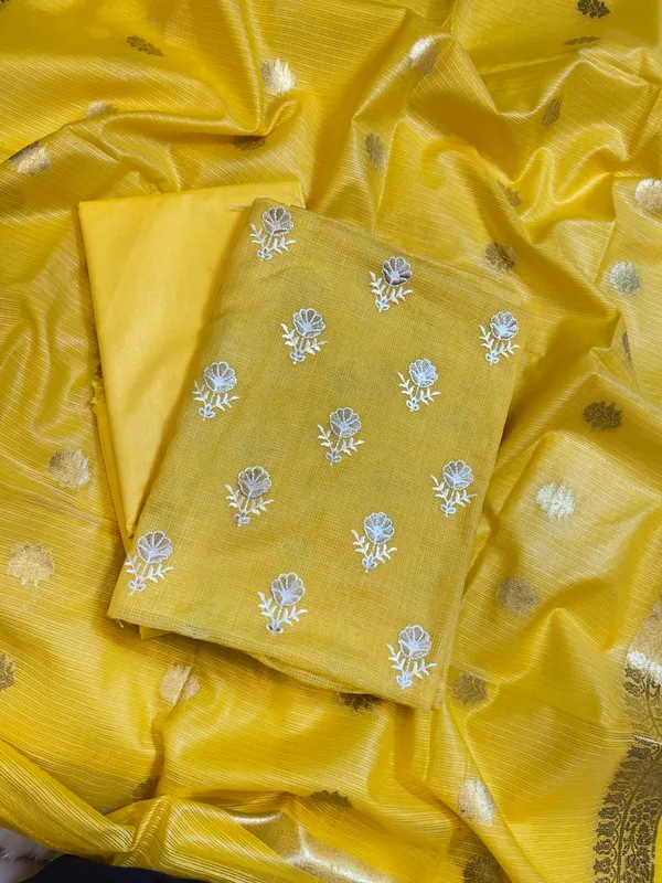 Yellow_Kota_Check_Embroidery_Banarasi_3_pcs_Suit_Set_1000SKL_KC3