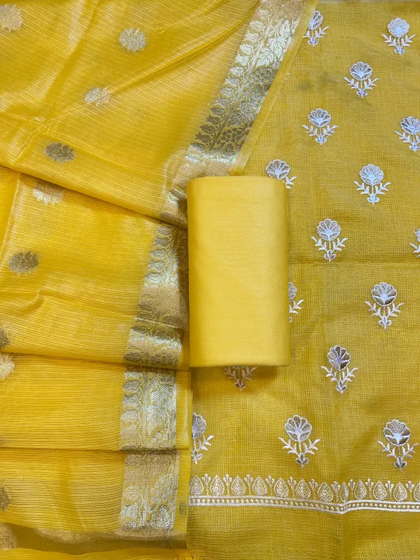 Yellow_Kota_Check_Embroidery_Banarasi_3_pcs_Suit_Set_1000SKL_KC3