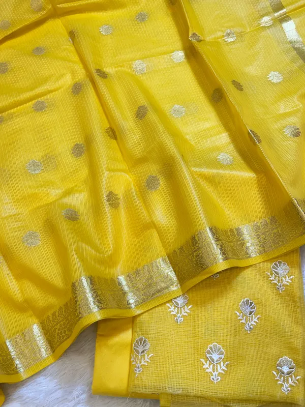 Yellow_Kota_Check_Embroidery_Banarasi_3_pcs_Suit_Set_1000SKL_KC3
