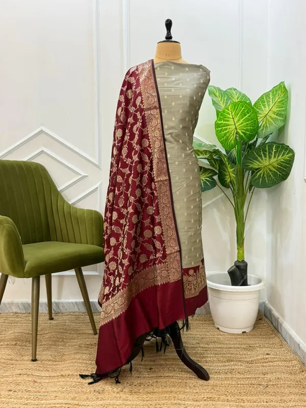 Olive_Green_Katan_Silk_Floral_Chunri_Zari_Booti_Contrast_Daman_Banarasi_Suit_with_Maroon_Jaal_Dupatta_130PNJ_SC2