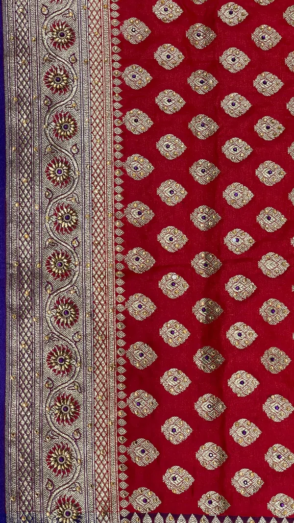 Humairah_Presents_Red_Katan_Silk_Zari_Booti_Heavy_Stone_Work_Banarasi_Saree_with_Contrast_Blue_Floral_Pallu_and_Blue_Blouse