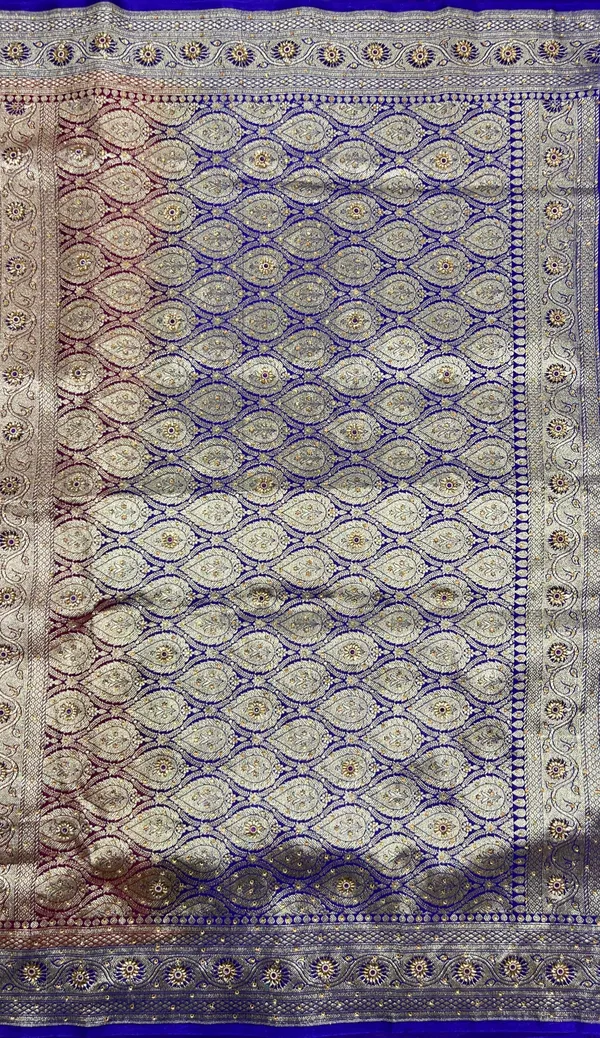 Humairah_Presents_Red_Katan_Silk_Zari_Booti_Heavy_Stone_Work_Banarasi_Saree_with_Contrast_Blue_Floral_Pallu_and_Blue_Blouse