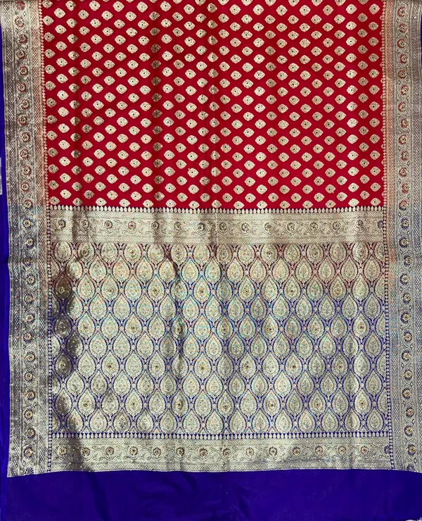 Humairah_Presents_Red_Katan_Silk_Zari_Booti_Heavy_Stone_Work_Banarasi_Saree_with_Contrast_Blue_Floral_Pallu_and_Blue_Blouse
