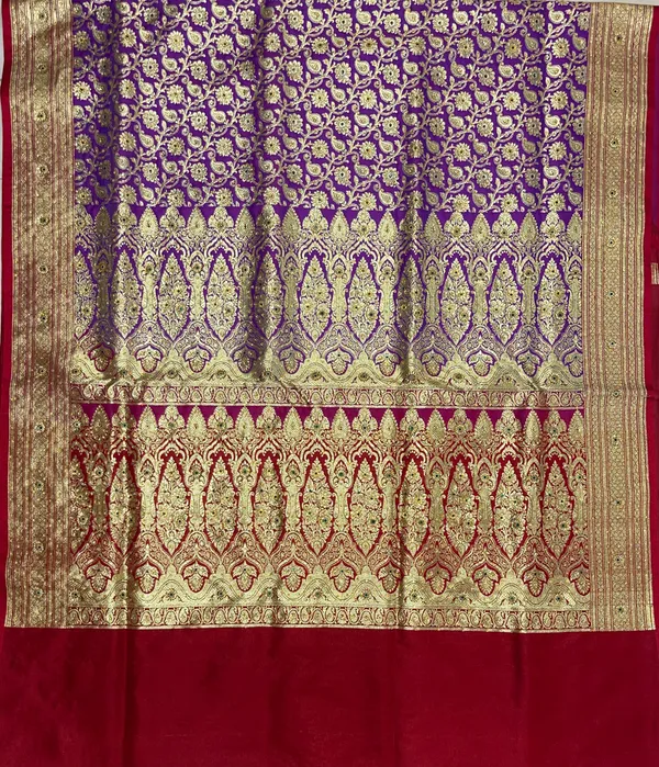 Humairah_Presents_Purple_Satin_Silk_Floral_Zari_Tilfi_Jaal_Low_Stone_Work_Saree_with_Contrast_Maroon_Banarasi_Pallu_and_Maroon_Blouse