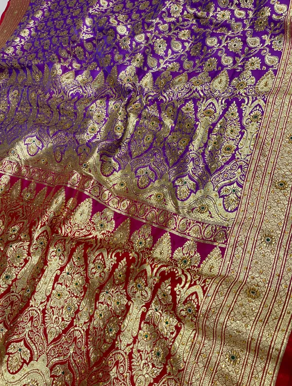 Humairah_Presents_Purple_Satin_Silk_Floral_Zari_Tilfi_Jaal_Low_Stone_Work_Saree_with_Contrast_Maroon_Banarasi_Pallu_and_Maroon_Blouse