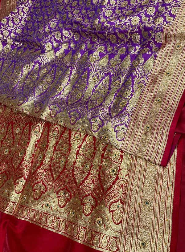 Humairah_Presents_Purple_Satin_Silk_Floral_Zari_Tilfi_Jaal_Low_Stone_Work_Saree_with_Contrast_Maroon_Banarasi_Pallu_and_Maroon_Blouse