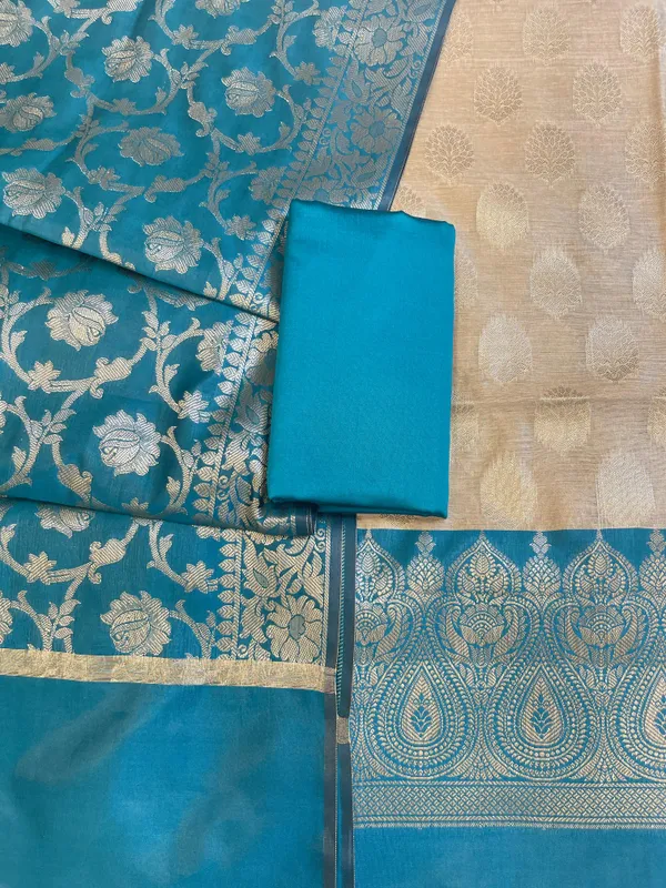 Beige_Art_Silk_Floral_Zari_Booti_Contrast_Banarasi_Suit_with_Seagreen_Dupatta_625AJ_TPT41