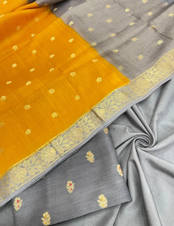 Humairah_Pure_Handloom_Grey_Munga_Silk_Floral_Zari_Mina_Booti_3pcs_Suit_with_Contrast_Mustard_Floral_Zari_Mina_Booti_Dupatta_and_Plain_Grey_Bottom