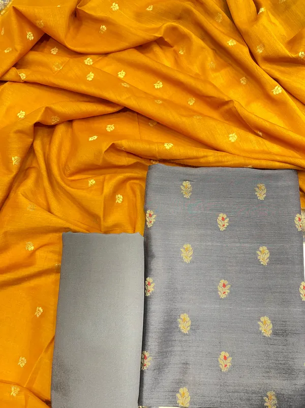 Humairah_Pure_Handloom_Grey_Munga_Silk_Floral_Zari_Mina_Booti_3pcs_Suit_with_Contrast_Mustard_Floral_Zari_Mina_Booti_Dupatta_and_Plain_Grey_Bottom