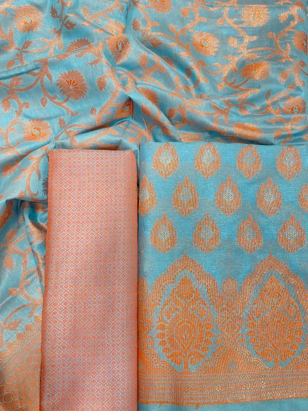 Humairah_Presents_Sky_Blue_Semi_Katan_Silk_3_pcs_Suit_Set_with_Plain_Bottom_and_Top_Copper_Floral_Zari_Booti_with_Copper_Zari_Jaal_Dupatta_ASD_103