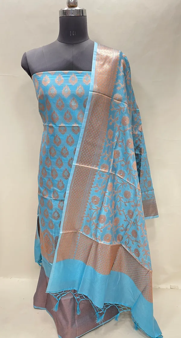 Humairah_Presents_Sky_Blue_Semi_Katan_Silk_3_pcs_Suit_Set_with_Plain_Bottom_and_Top_Copper_Floral_Zari_Booti_with_Copper_Zari_Jaal_Dupatta_ASD_103