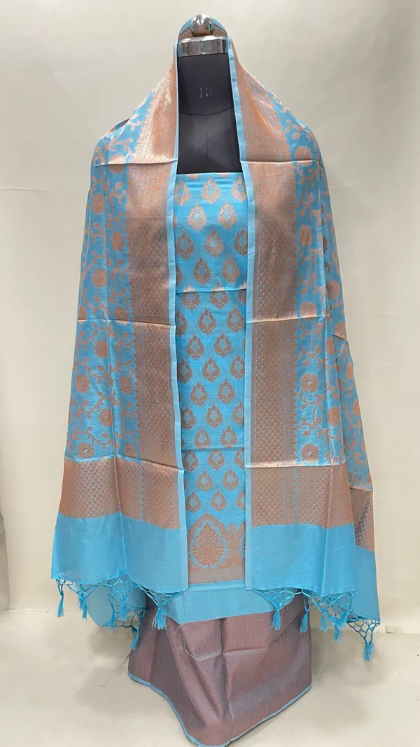 Humairah_Presents_Sky_Blue_Semi_Katan_Silk_3_pcs_Suit_Set_with_Plain_Bottom_and_Top_Copper_Floral_Zari_Booti_with_Copper_Zari_Jaal_Dupatta_ASD_103