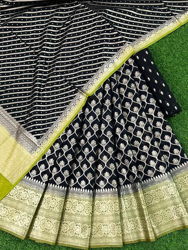 Jet_Black_Chanderi_Lehenga_Set_With_Leheriya_Olive_Green_Border_Dupatta_250PNJ_LNG23