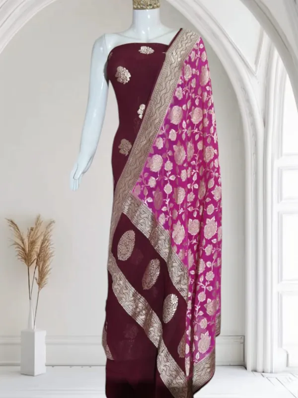 Pure_Handloom_Maroon_Khaddi_Georgette_Floral_Water_Zari_Boota_with_Contrast_Magenta_Dupatta_Suit_Set_6500SKL_KG15