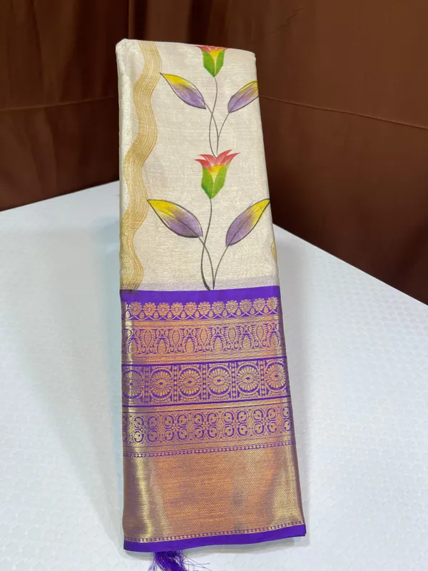 Off_white_Tissue_Silk_Floral_Handpainted_Boota_Contrast_Lavender_Border_Banarasi_Saree_MS_TS15