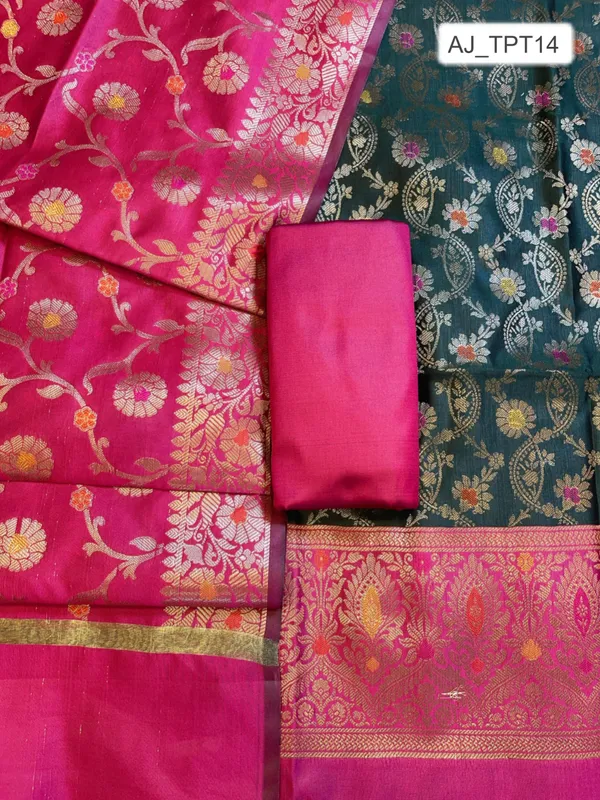 Darkgreen_Art_Silk_Floral_Zari_Mina_Jaal_Contrast_Banarasi_Suit_with_Pink_Dupatta_625AJ_TPT14