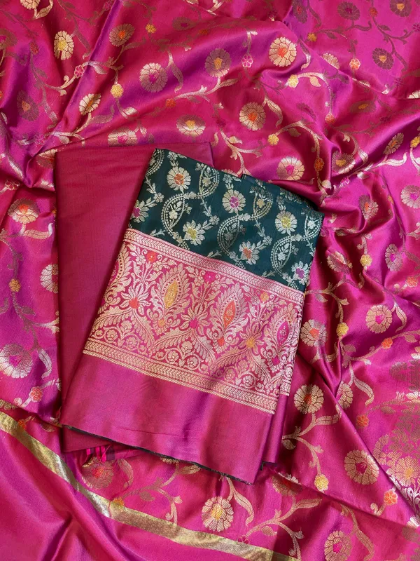 Darkgreen_Art_Silk_Floral_Zari_Mina_Jaal_Contrast_Banarasi_Suit_with_Pink_Dupatta_625AJ_TPT14