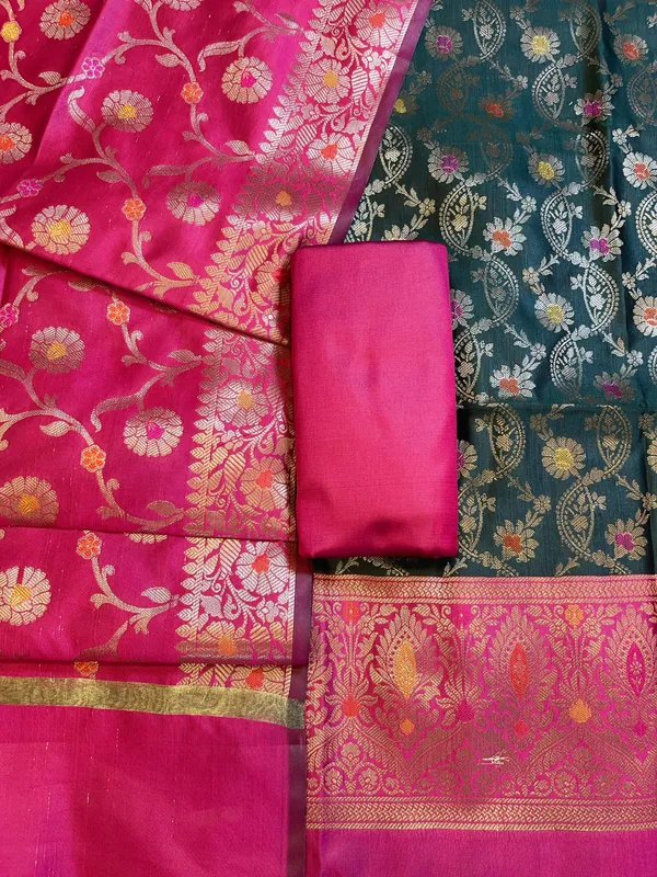 Darkgreen_Art_Silk_Floral_Zari_Mina_Jaal_Contrast_Banarasi_Suit_with_Pink_Dupatta_625AJ_TPT14