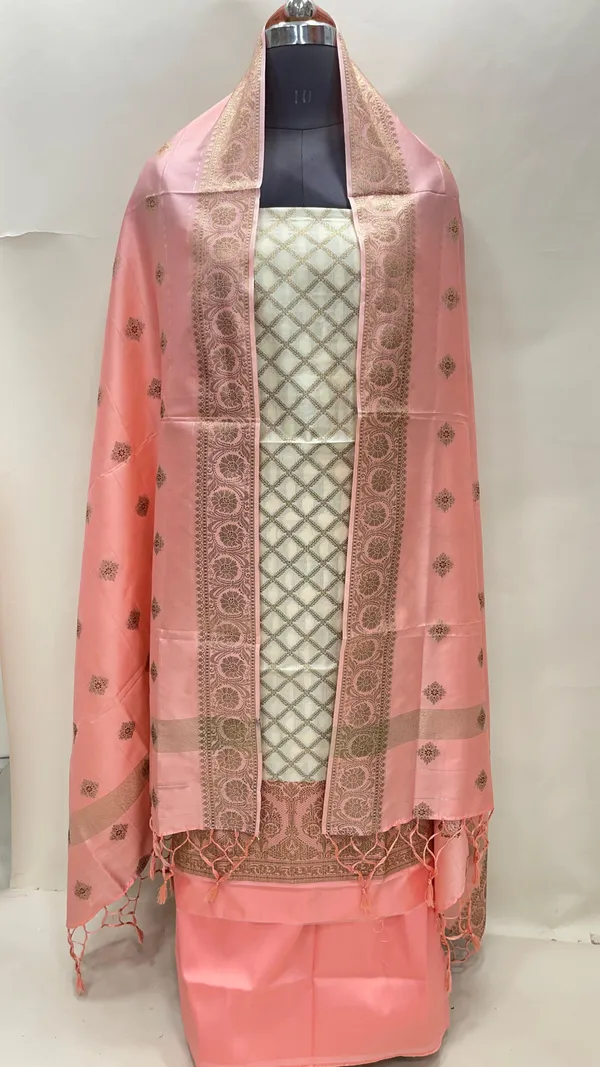 Humairah_Presents_Off_white_Semi_Katan_Silk_Checkered_Striped_3_pcs_Suit_Set_with_Contrast_Peach_Plain_Bottom_and_Floral_Zari_Booti_Peach_Dupatta_ASD_127