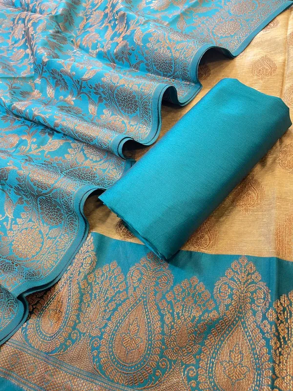 Tussar_Cotton_weave_Zari_Booti_Contrast_Seagreen_Border_Banarasi_Suit_600SKL_CT3