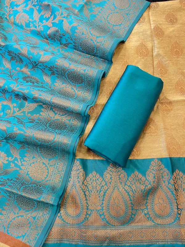 Tussar_Cotton_weave_Zari_Booti_Contrast_Seagreen_Border_Banarasi_Suit_600SKL_CT3