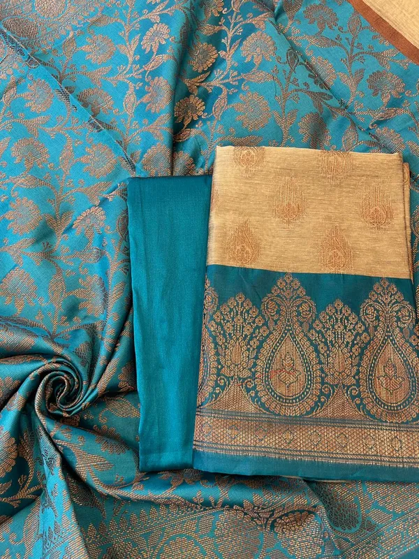 Tussar_Cotton_weave_Zari_Booti_Contrast_Seagreen_Border_Banarasi_Suit_600SKL_CT3