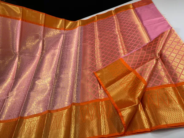 Pink_Semi_Kanchi_Silk_Brocade_Contrast_Orange_Zig-Zag_Border_Banarasi_Saree_MS_SK24