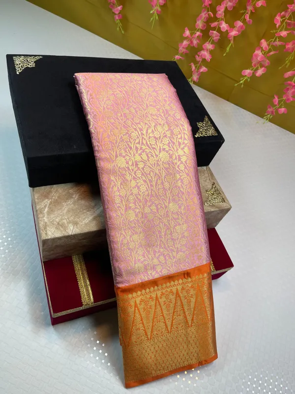 Pink_Semi_Kanchi_Silk_Brocade_Contrast_Orange_Zig-Zag_Border_Banarasi_Saree_MS_SK24
